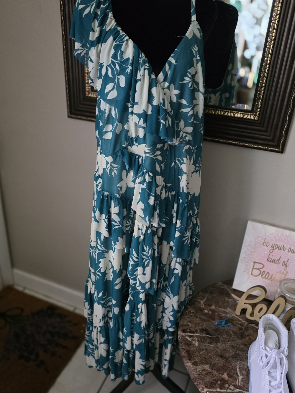 Teal and White Floral Tiered Maxi Dress - Sleeveless Ruffle Detail